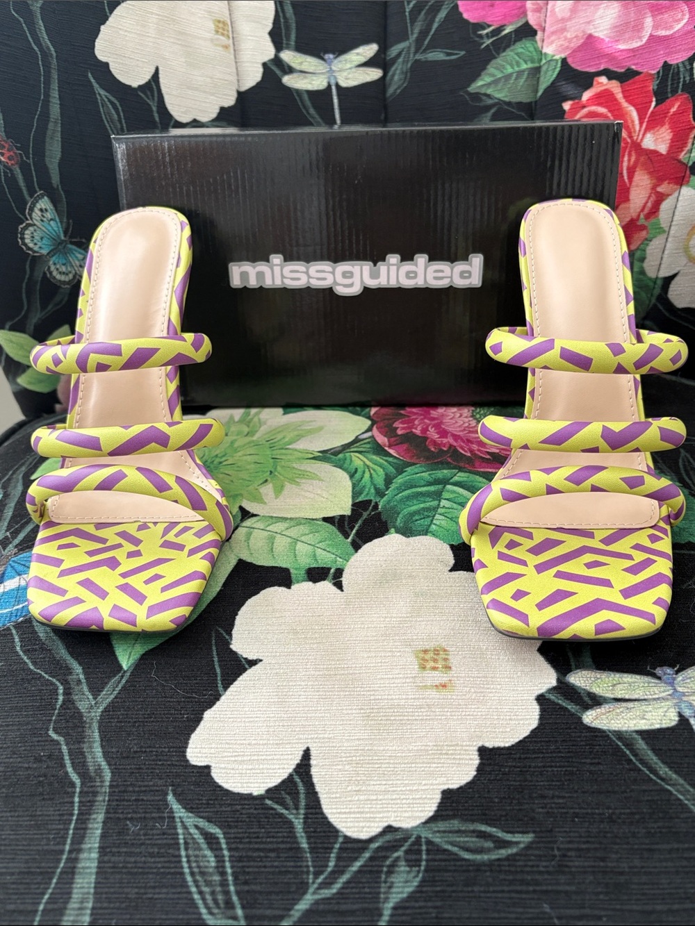 Missguided Neon Lime and Violet Patterned Strappy Square-Toe Heels